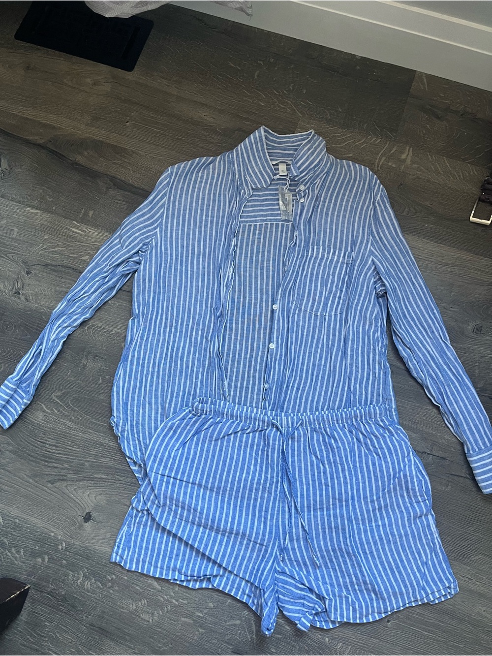 H&M Blue and White Linen Striped Long-Button Down With Matching Shorts